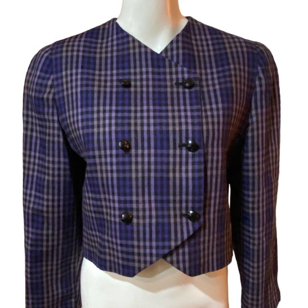 Vintage Mort Schrader Double Breasted Purple Plaid Size 8 100% Wool